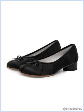 Tabi Ballet Heels Split Toe Pumps Faux Leather Chunky Block Low Heel Ruched